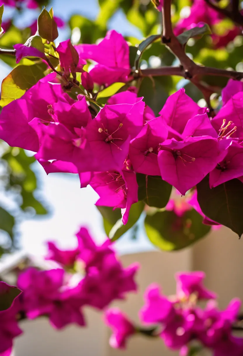 "Close-up of a bougainvillea plant with pink flowers showing looper caterpillar damage, alongside natural pest control methods."