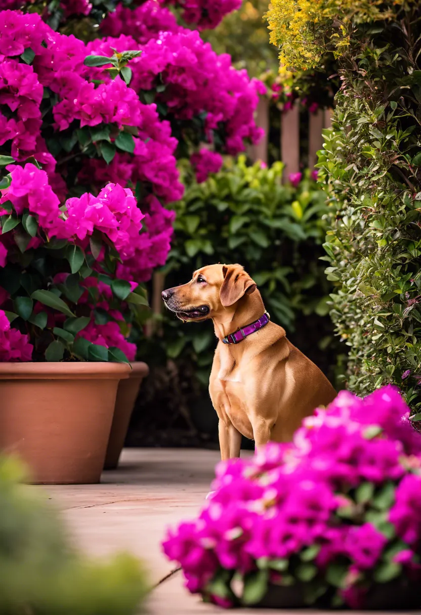 "Obedient dog sitting near a vibrant bougainvillea plant, attentively looking at safe chew toys and treats."