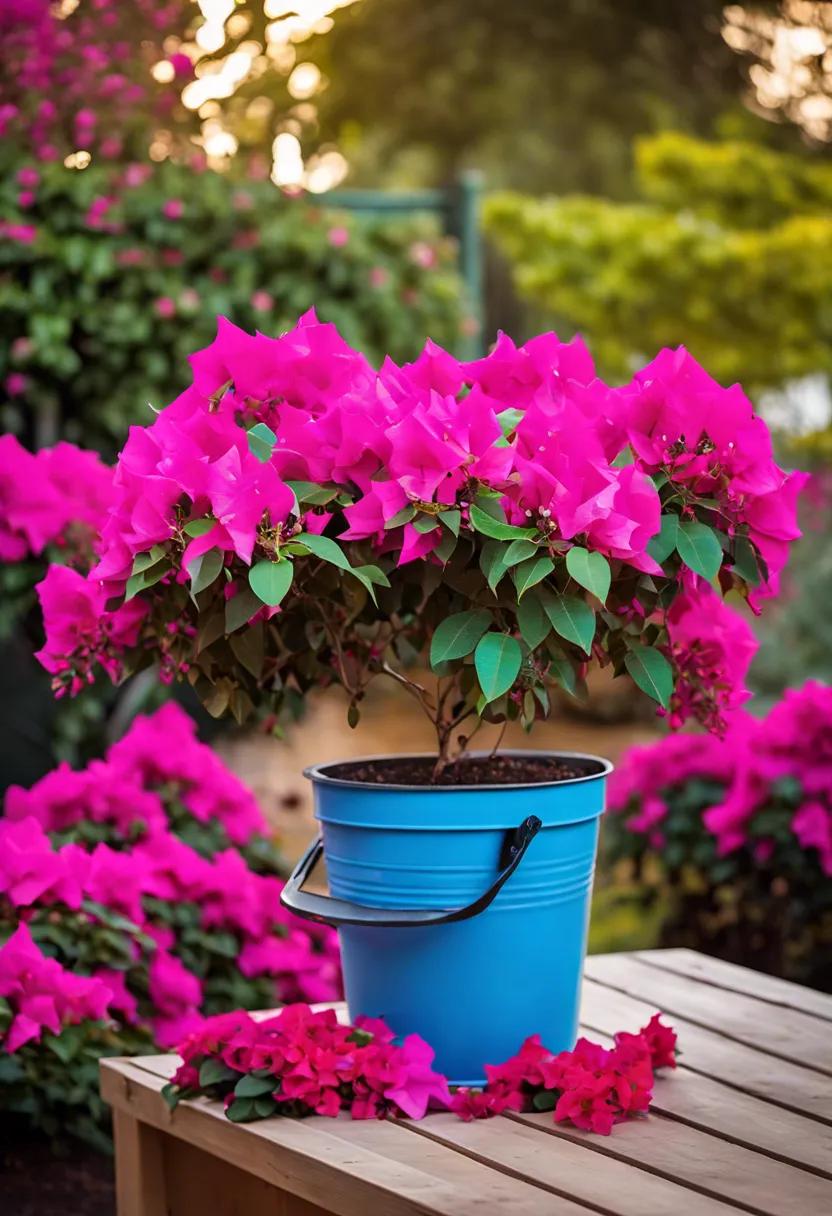 "Bougainvillea plant in a pot on a wooden surface, surrounded by gardening tools, being prepared for overwintering."