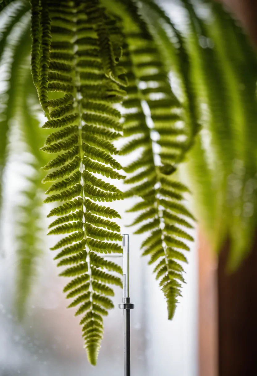 "Indoor close-up of a distressed Kimberly Queen Fern with browning fronds due to cold temperatures, indicated by a nearby thermometer."