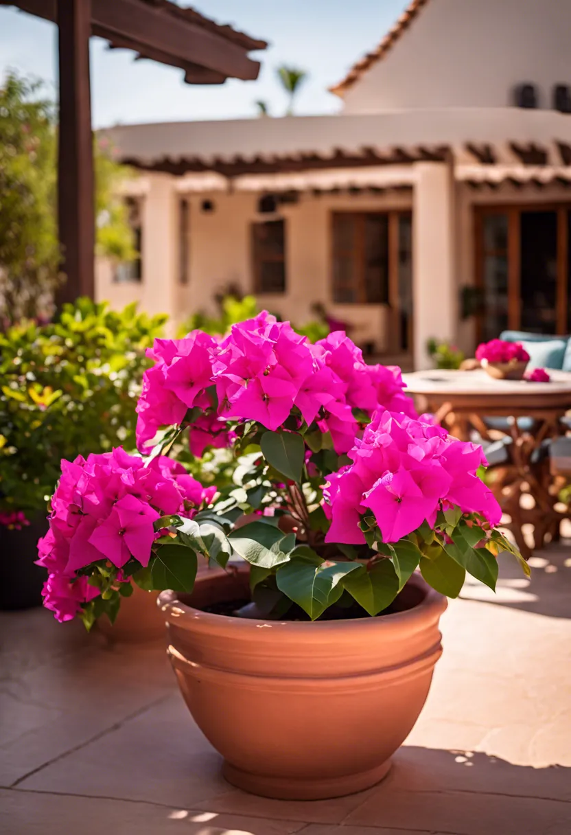 "Bright pink bougainvillea in a crafted pot on a sunny patio, with a blurred lounge chair and coffee table in the background."