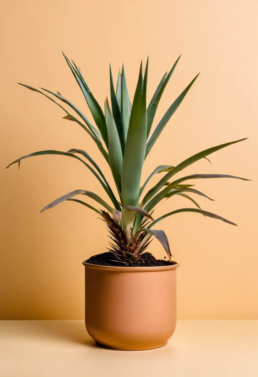 "Drooping yucca plant in a clear pot with browning tips, soil pH tester, watering can, and plant food nearby."