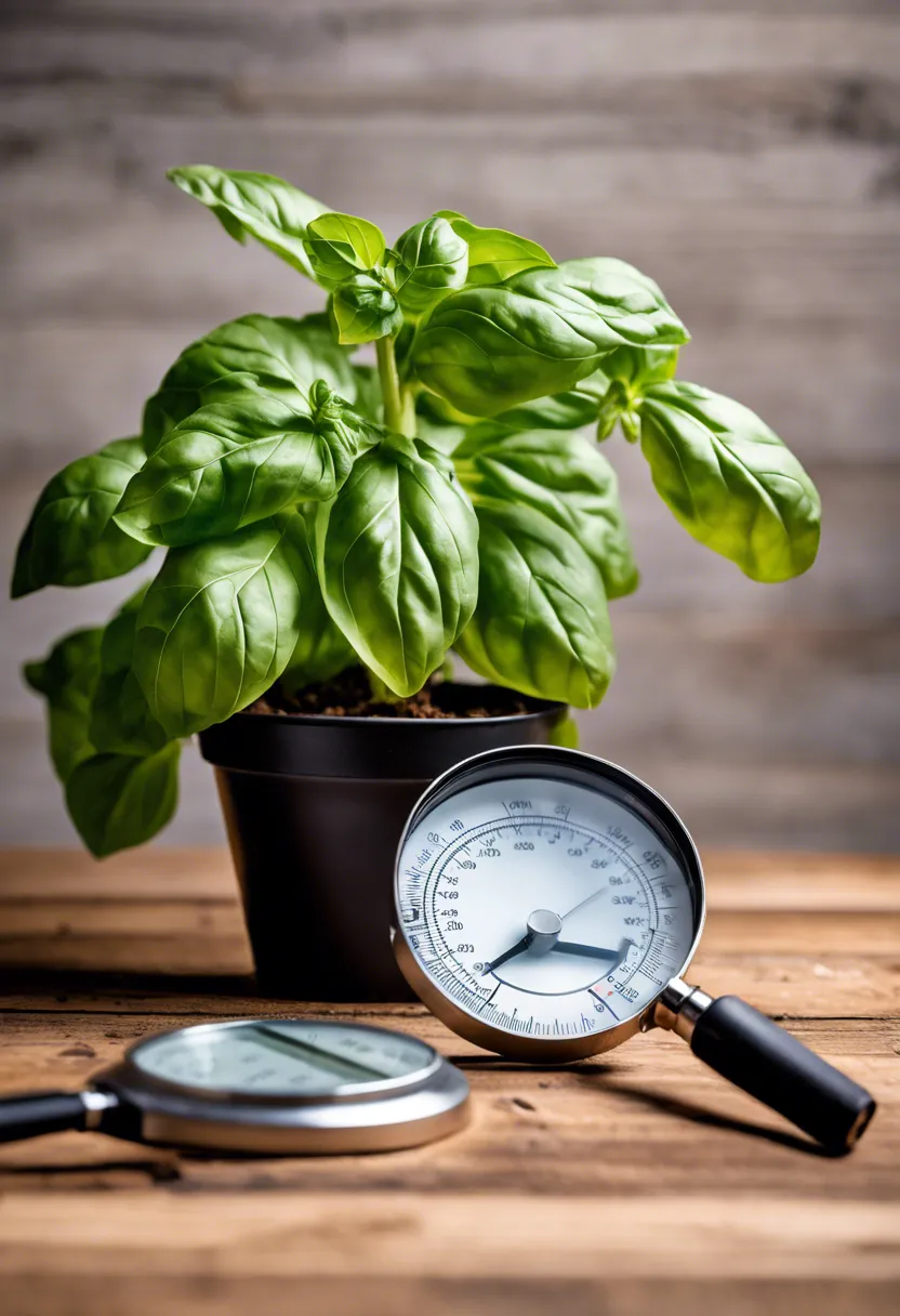 "Wilting basil plant in a pot on a wooden table, with a magnifying glass, moisture meter, pH testing kit, and organic fertilizer nearby."