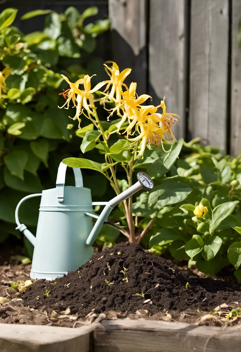 "A distressed honeysuckle plant with wilting leaves and faded flowers, a pH meter in the soil, plant food and a watering can nearby."