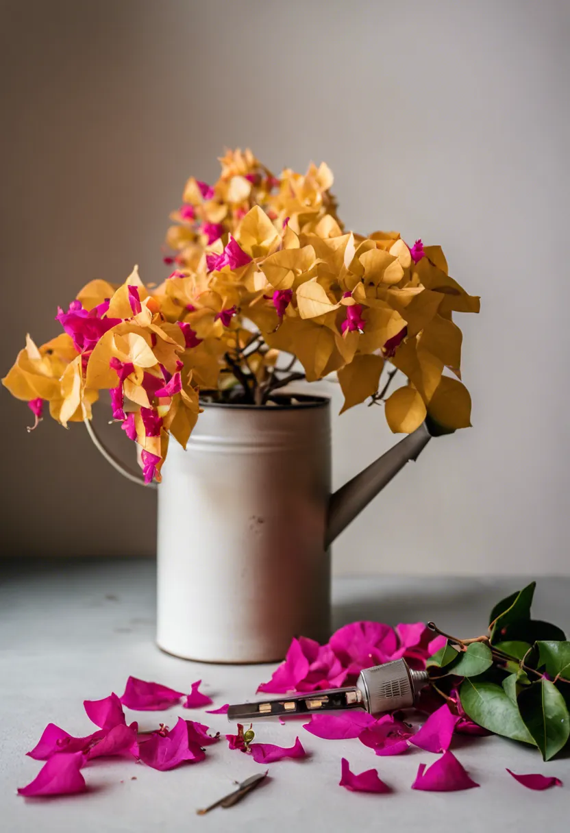 "Wilting bougainvillea plant with yellow leaves and fallen flowers, next to gardening tools suggesting care remedies."