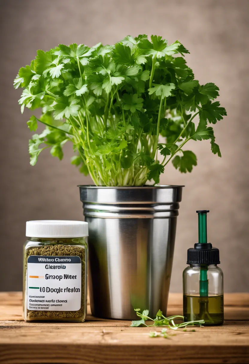 "Wilting cilantro plant on a wooden table with gardening tools, plant food, and a moisture meter."