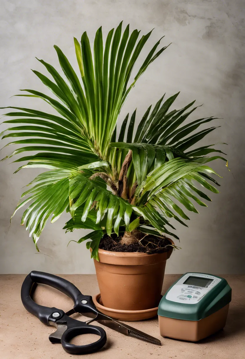 "Majesty palm with browning leaves and drooping fronds, surrounded by garden gloves, pruning shears, plant food, and a moisture meter."