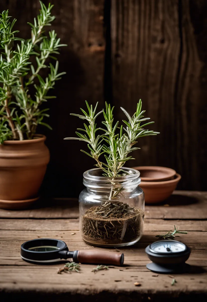 "Wilted rosemary plant in a ceramic pot on a wooden table, inspected with a magnifying glass, surrounded by soil testing kits, water meter, and organic fertilizer."