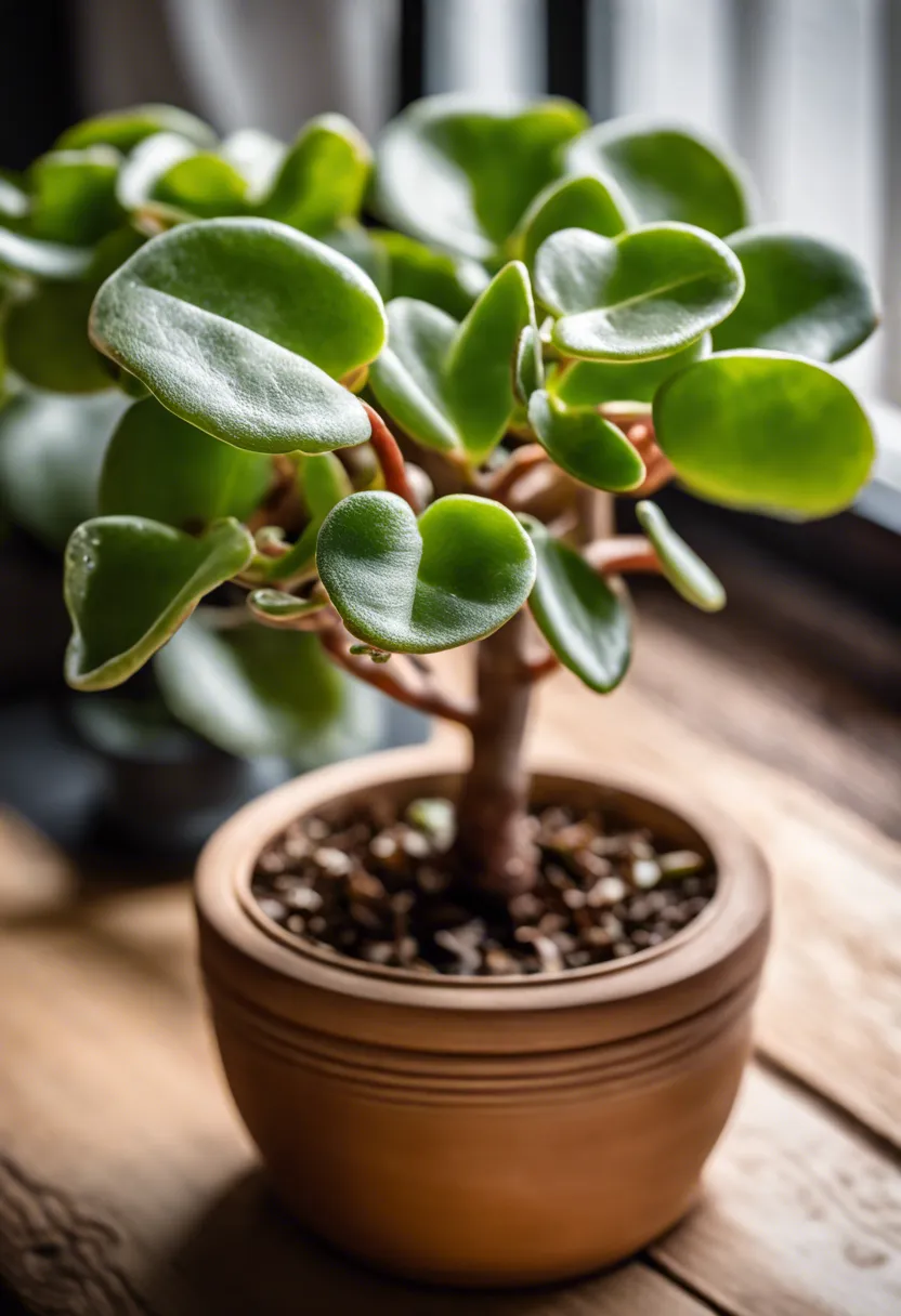 "Close-up of a jade plant with wrinkled, shriveling leaves in a ceramic pot on a wooden table, surrounded by diagnostic tools."