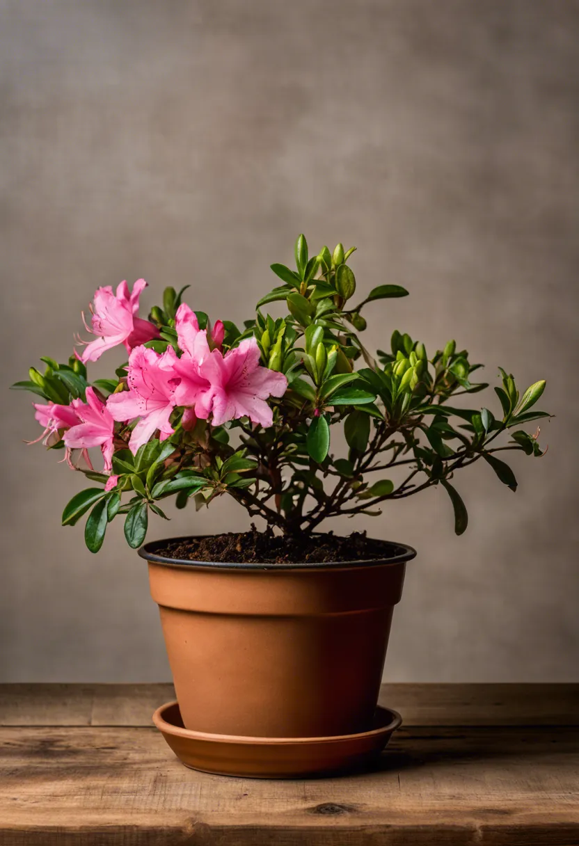 "A distressed potted azalea with wilted leaves and faded blooms on a table, with overwatered soil, harsh fertilizer, and poor light."