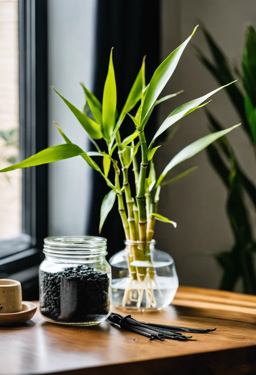 "A drooping Lucky Bamboo plant with yellow leaves in a glass of water, surrounded by activated charcoal, clean water, and scissors for its revival."