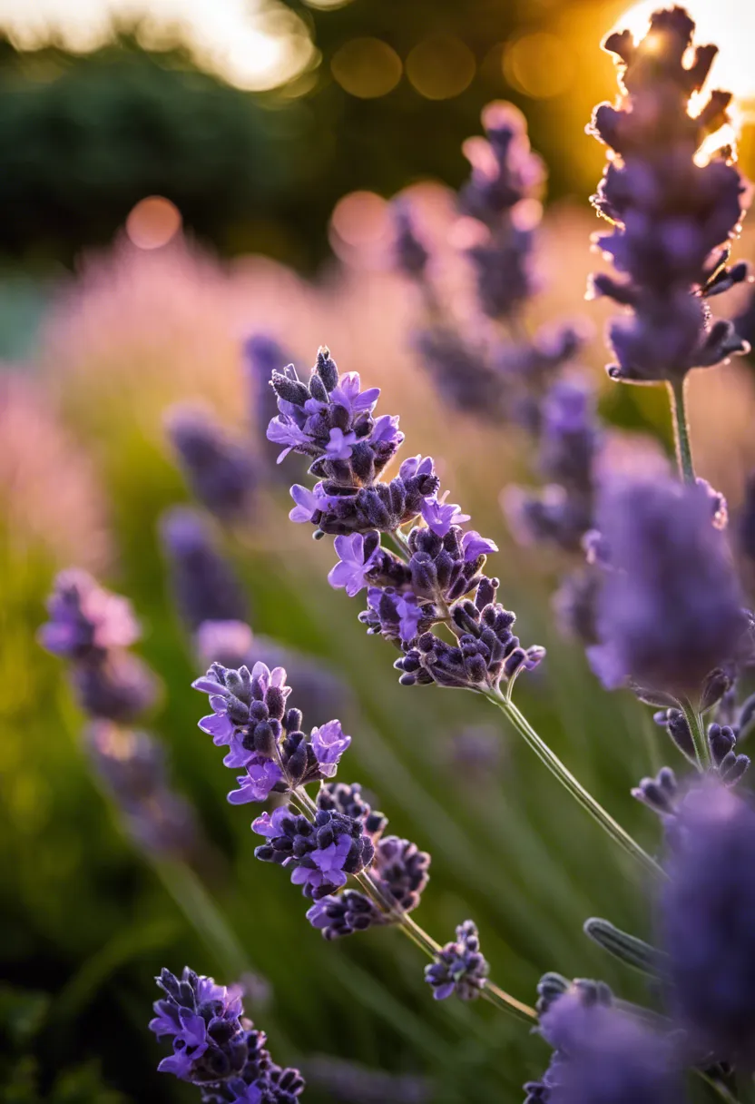 "Close-up of a mature lavender plant with fresh and faded blooms in the sunset, with gardening gloves and shears nearby."