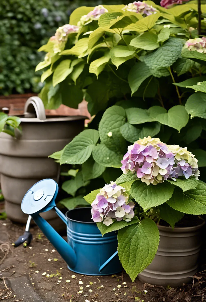 "Close-up of a wilting hydrangea in a garden, with a pH test kit, watering can, and pruning shears nearby."