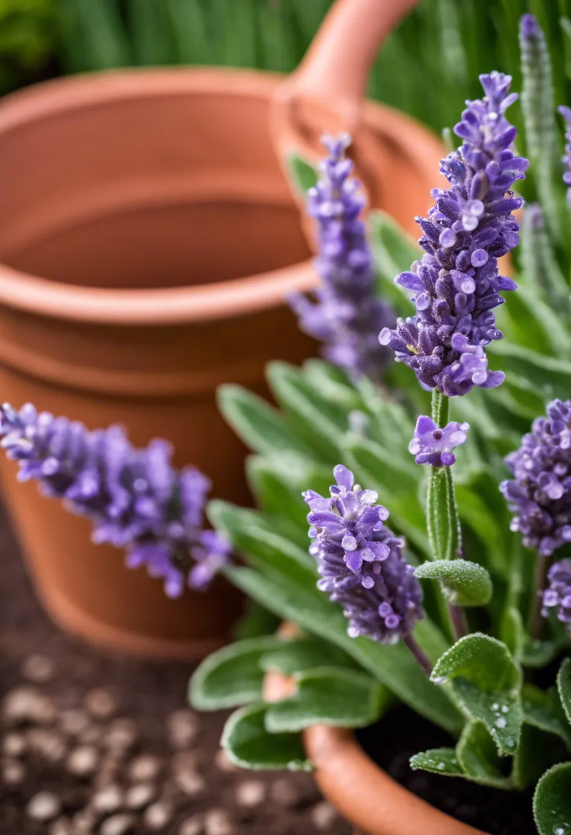 "Close-up of a healthy lavender plant in a terracotta pot with water droplets on leaves and flowers, watering can in the background."