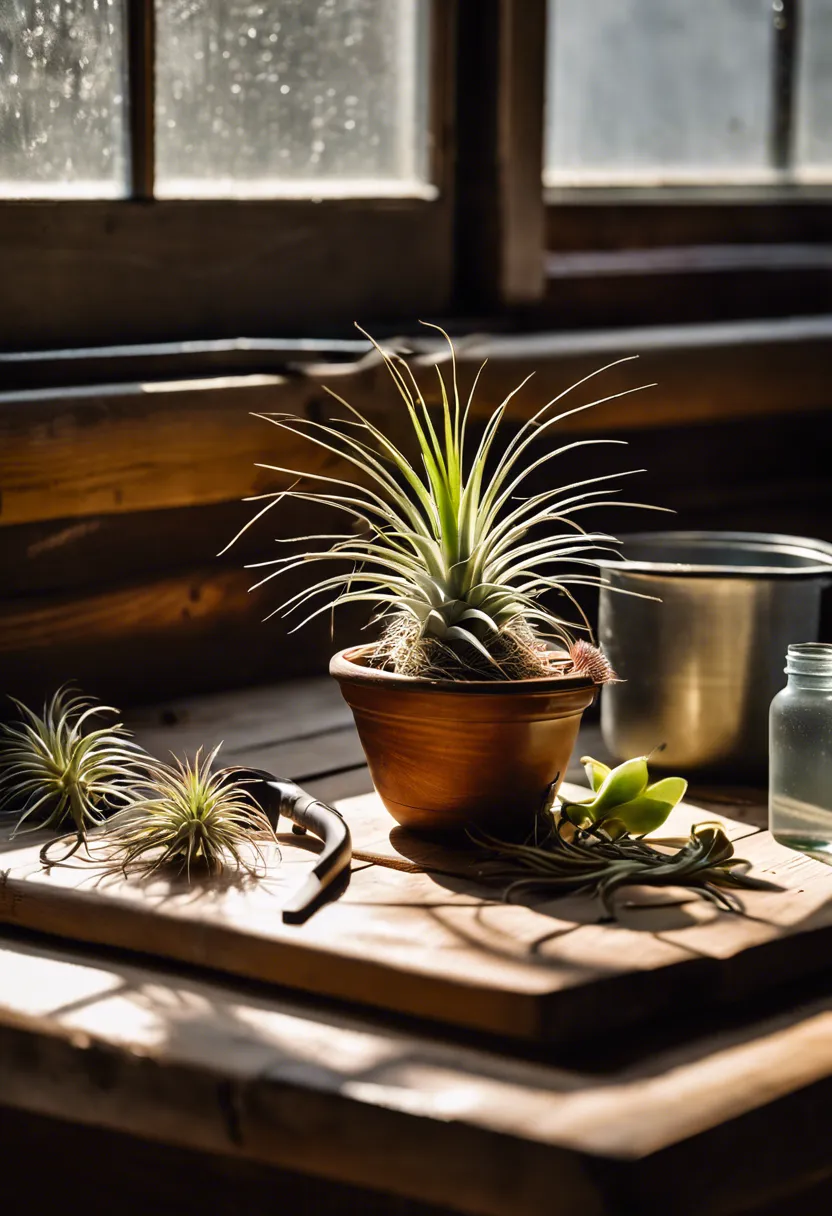 "Wilted air plant on a table with revival tools like a spray bottle and bowl of water, near a bright window."