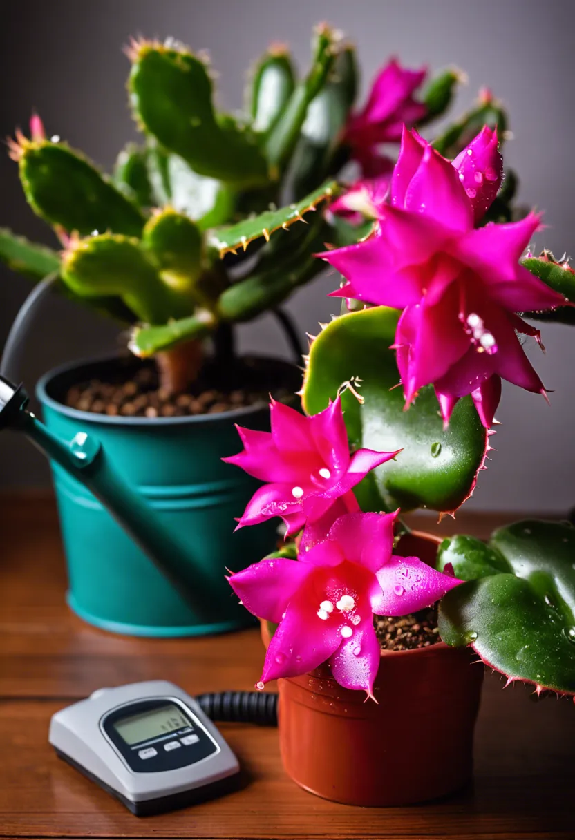 "Christmas cactus with vibrant blooms being watered on a wooden table, next to a moisture meter and watering can, with a calendar in the background."