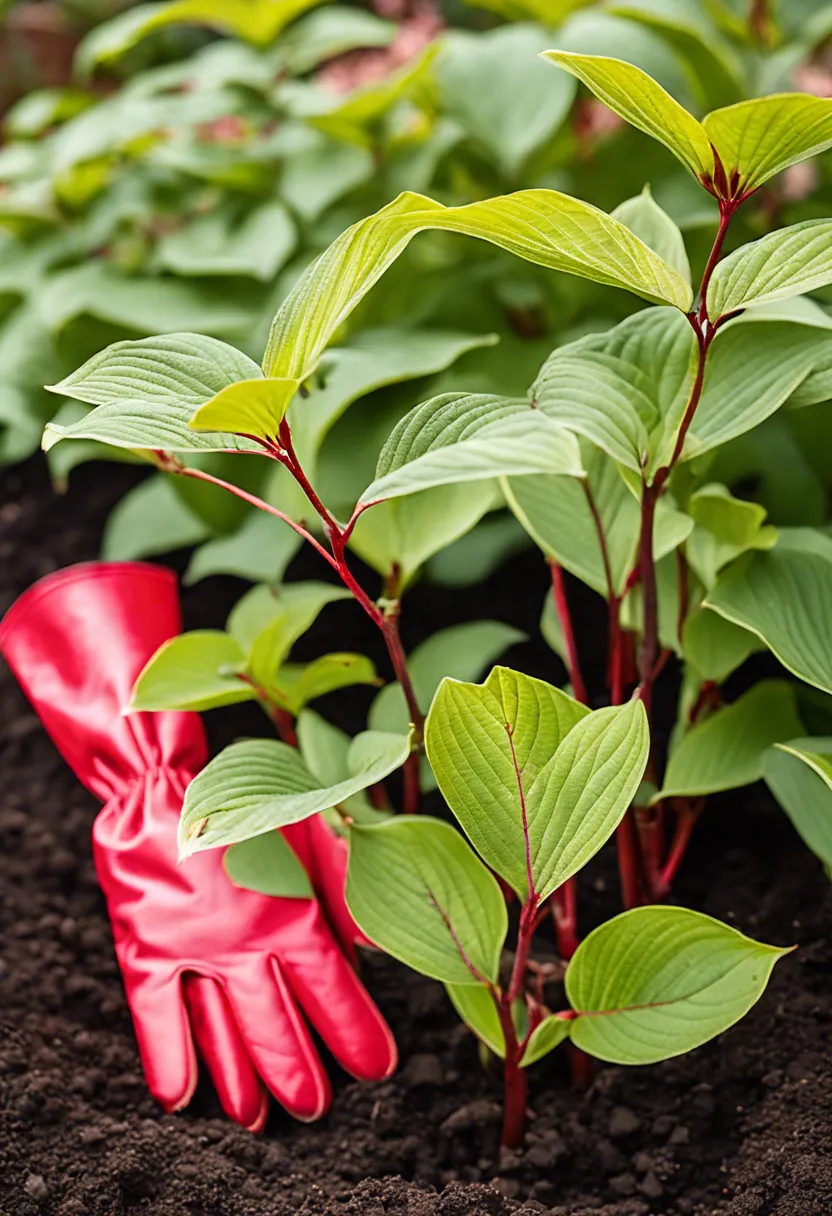 "Close-up of a vibrant Siberian Dogwood with variegated leaves and red stems in a garden bed, with gardening gloves and trowel nearby."