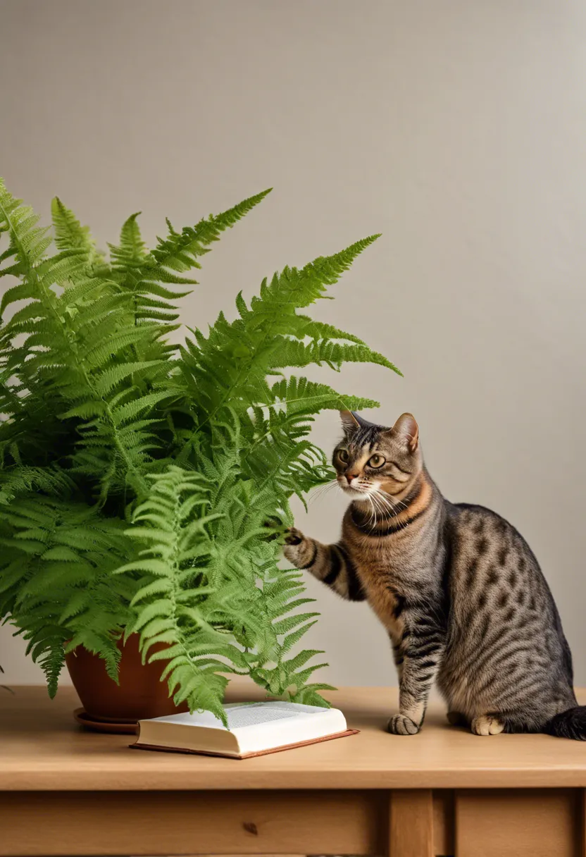 "Curious domestic cat sniffing a frosty fern plant on a table, with a book about pet-friendly plants in the background."
