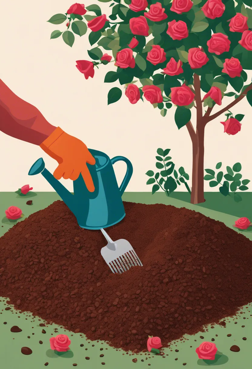 "Gardening glove hand mixing coffee grounds into soil around a blooming rose bush, with an empty coffee cup nearby."