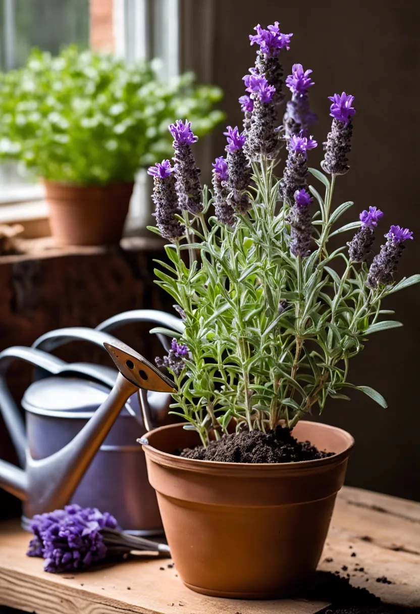 "A distressed lavender plant in a clay pot with wilting blooms and discolored leaves, surrounded by gardening tools for revival."