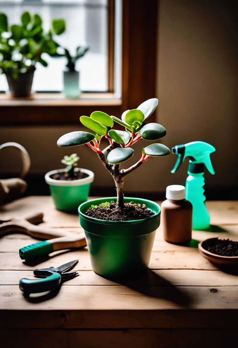"A wilting jade plant on a table surrounded by gardening tools, fertilizer, and a new pot with fresh soil."