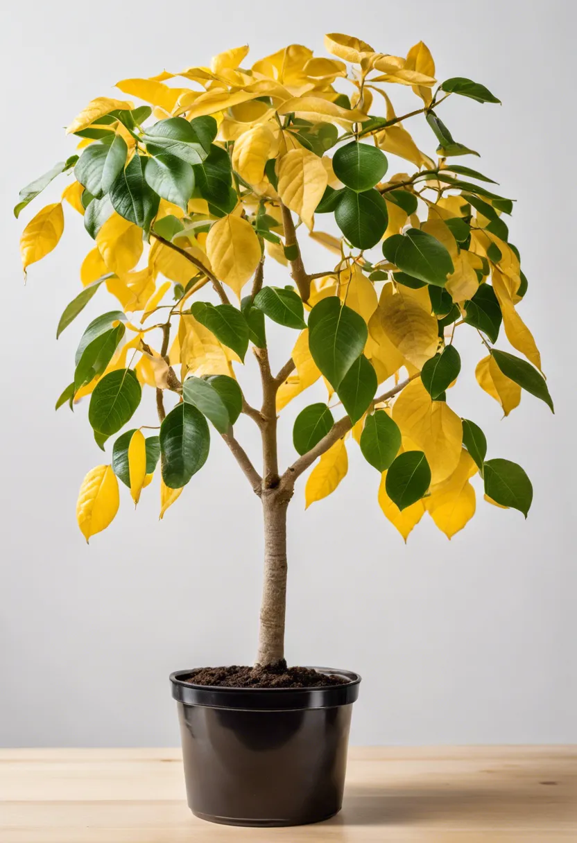 "Money tree with yellowing leaves on a white background, next to soil measuring tools and plant fertilizer."