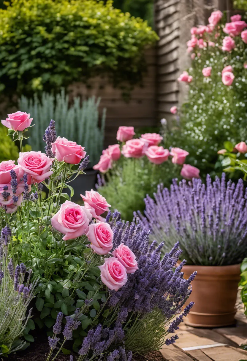 "Lavender and rose plants thriving side by side in a garden, with gardening tools and a guidebook subtly included."