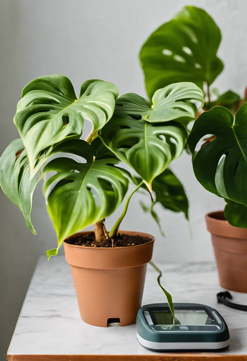 "Close-up of a wilting Philodendron plant with yellowing leaves in a bright indoor setting, with a moisture meter and magnifying glass nearby."