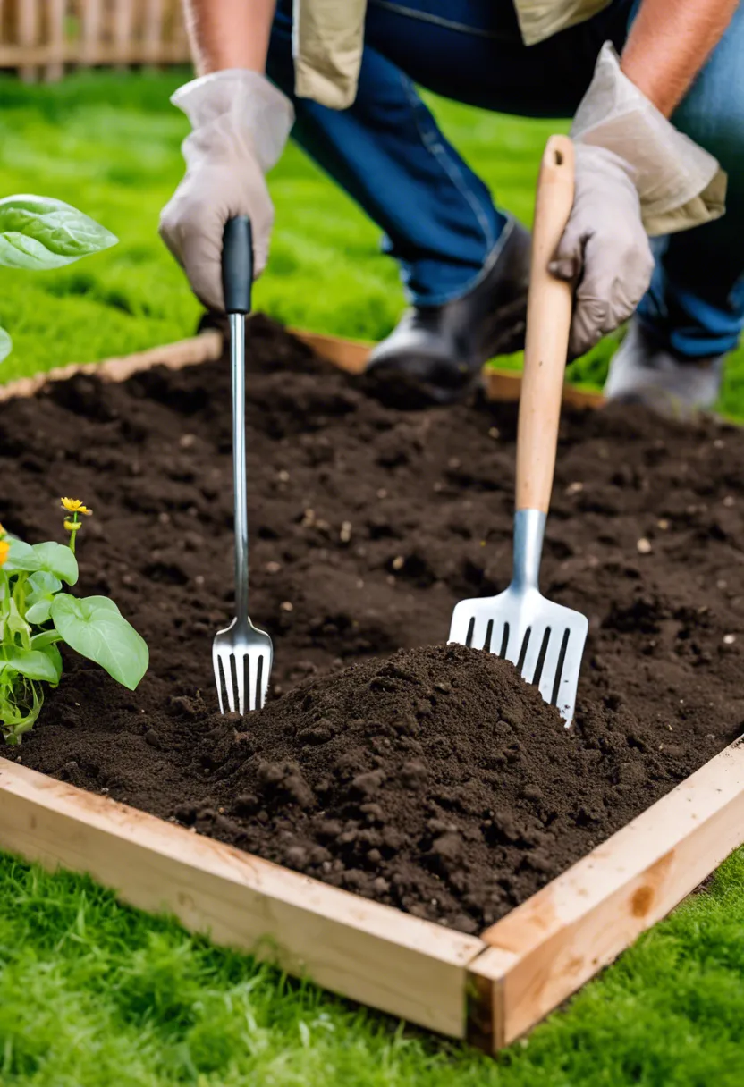 "Gardener's hands tilling soil with a garden fork, bags of compost and pH testing kits nearby."