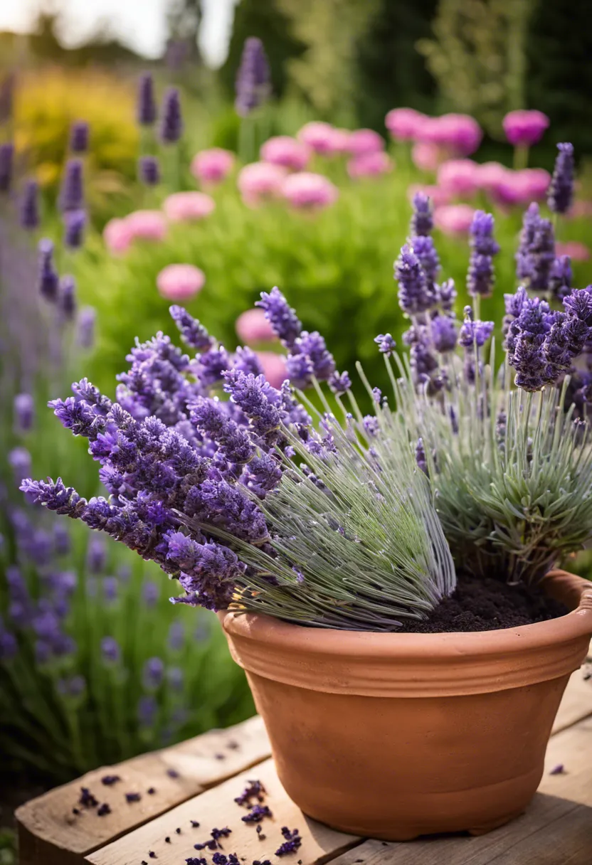"Healthy Lavender 'Munstead' in a terracotta pot, surrounded by gardening tools, with a blurred garden background."