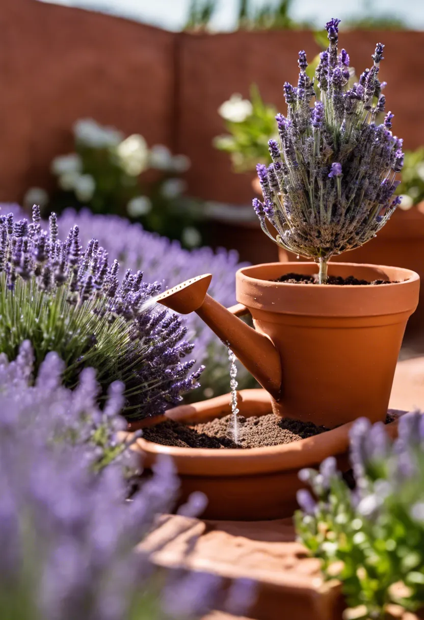 "Close-up of a lavender plant in a terracotta pot being watered, with moisture meter inserted in the soil, in an outdoor garden setting."
