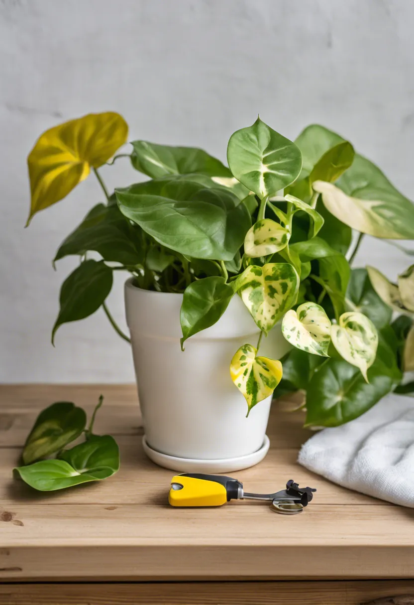 "Distressed pothos plant with yellow and green leaves in a white pot on a wooden table, next to gardening tools and fertilizer."