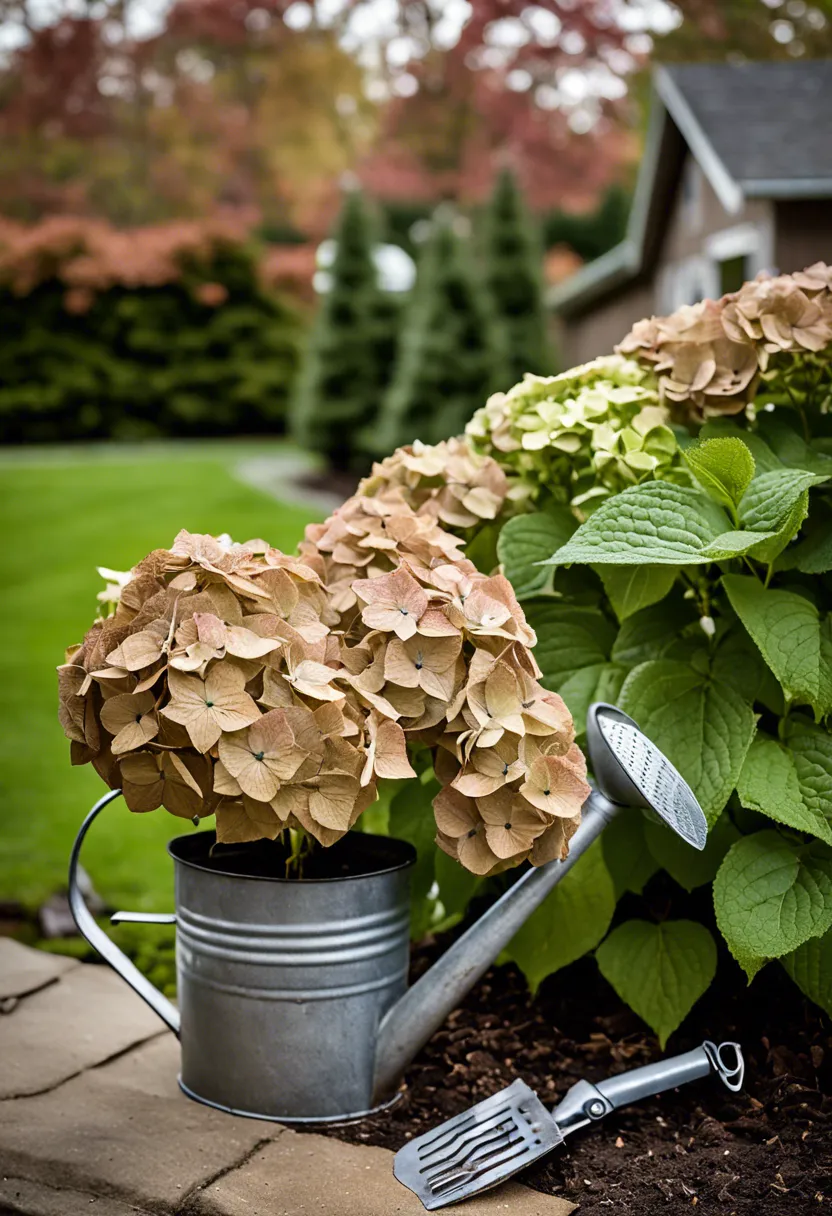 "A distressed hydrangea plant with wilting blooms and brown leaves, surrounded by a watering can, pruning shears, and soil conditioner."