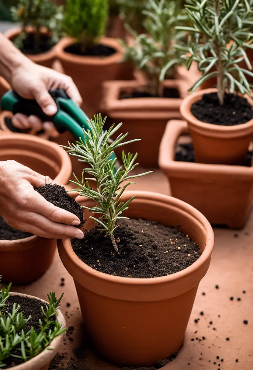 "Close-up of a hand adding organic fertilizer to a rosemary plant in a terracotta pot, with gardening tools and specialized fertilizer nearby."