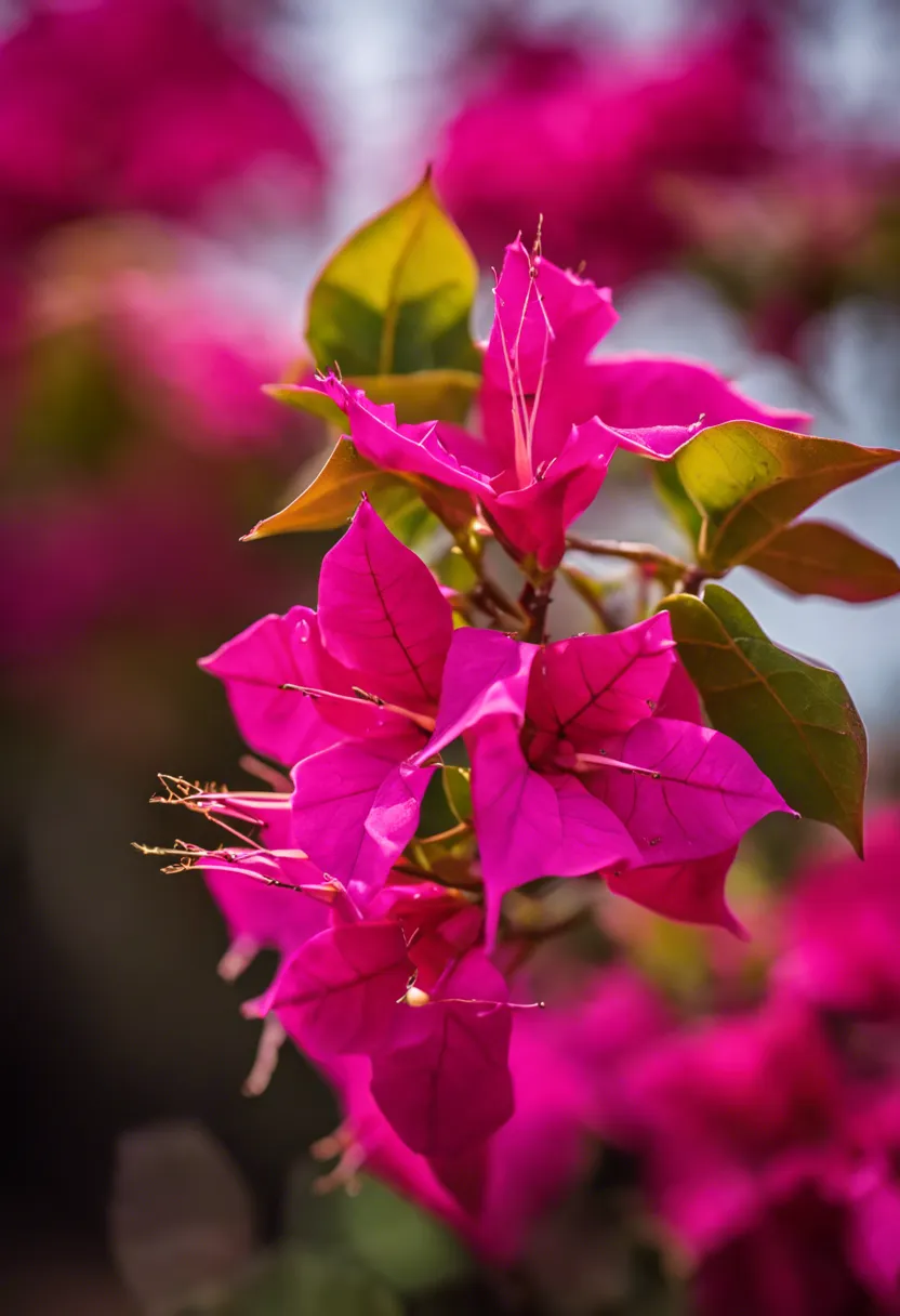 "Close-up of a Bougainvillea plant, highlighting the vibrant colored bracts and sharp thorns against a soft blurred background."