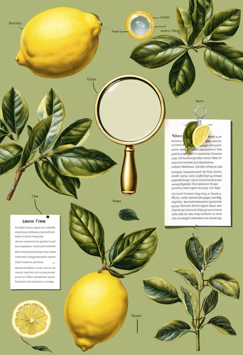 "A distressed lemon tree in sunlight, with a magnifying glass inspecting its yellow leaves. An open gardening guidebook on citrus trees is nearby."