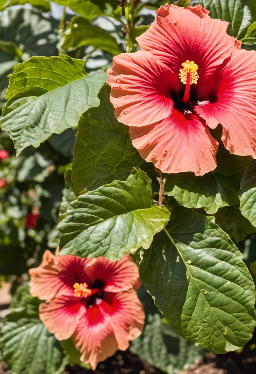 "Close-up of a damaged hibiscus plant in a garden, with an insect on a leaf, and a magnifying glass and organic pesticide nearby."