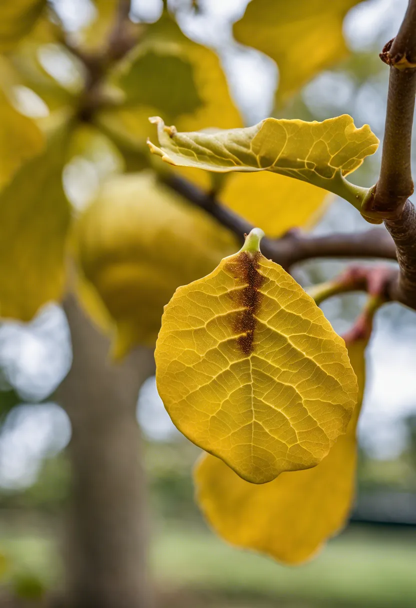 "Close-up of a fig tree with yellow leaves, garden backdrop, and soil testing tools and nutrient supplements nearby."