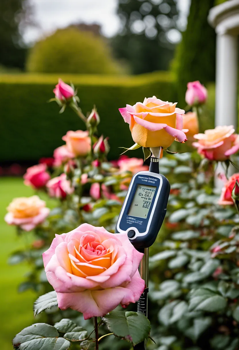 "A vibrant rose garden thriving in acidic soil, with a pH meter inserted in the foreground."
