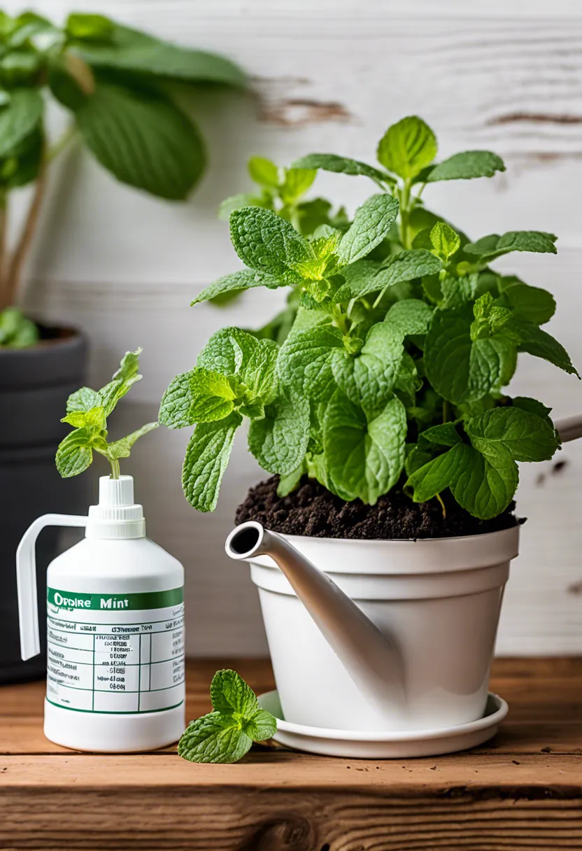 "Wilted mint plant with yellow leaves and weak stems on a wooden table, surrounded by a soil pH tester, watering can, and organic fertilizer."