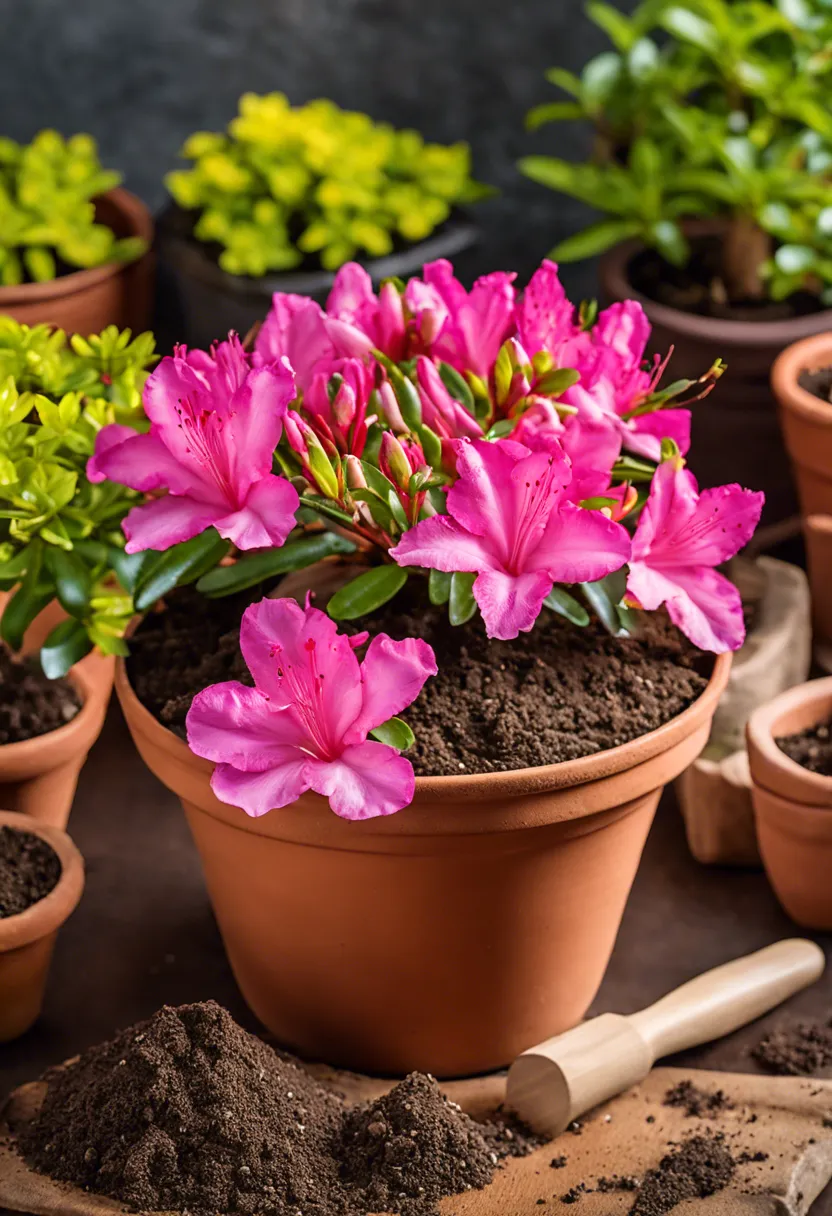 "Close-up of a healthy azalea plant in a terracotta pot on a table with soil mix components, garden trowel, and gloves."