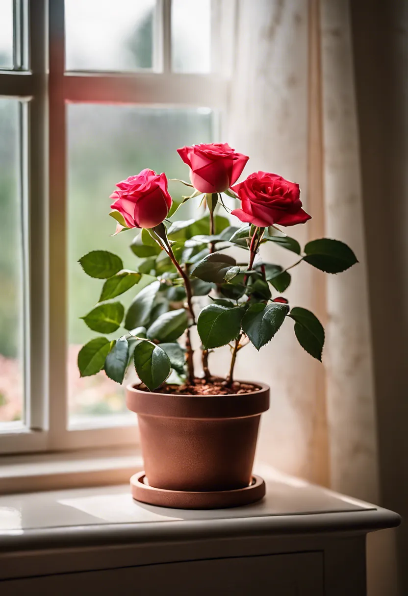"Miniature rose plant near a well-lit window in a warm-toned room, with a light meter and compass subtly included."