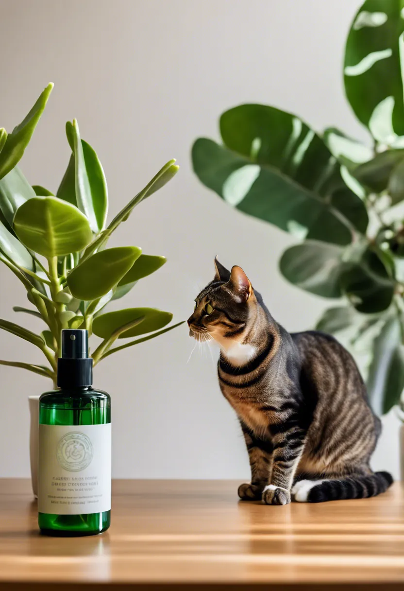 "A curious domestic cat cautiously sniffing a vibrant green jade plant on a table, with a pet deterrent spray in the background."