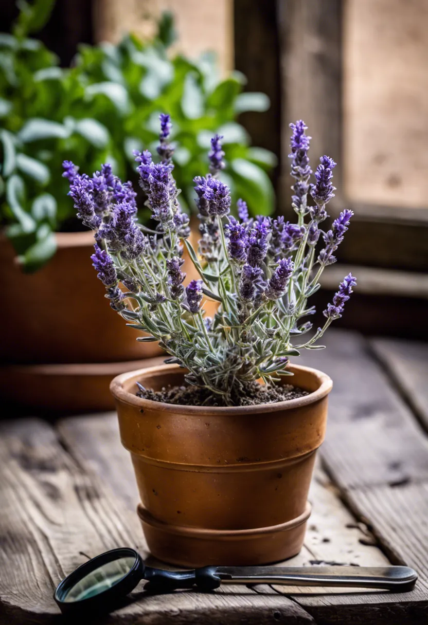 "Close-up of a wilting lavender plant with yellowing leaves in a rustic pot, next to a magnifying glass on a wooden surface."