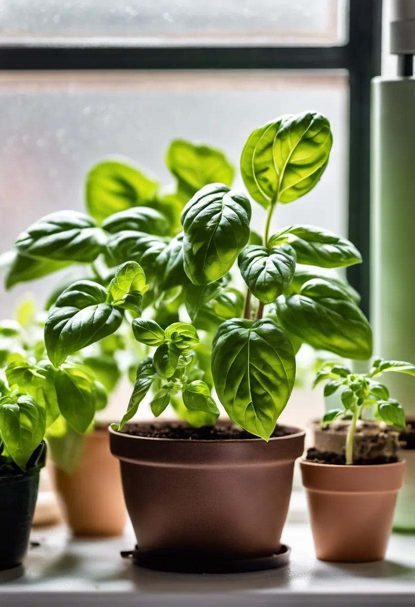 "Wilted and discolored basil plant in an indoor herb garden, surrounded by a moisture meter, pH test kit, and organic fertilizer."