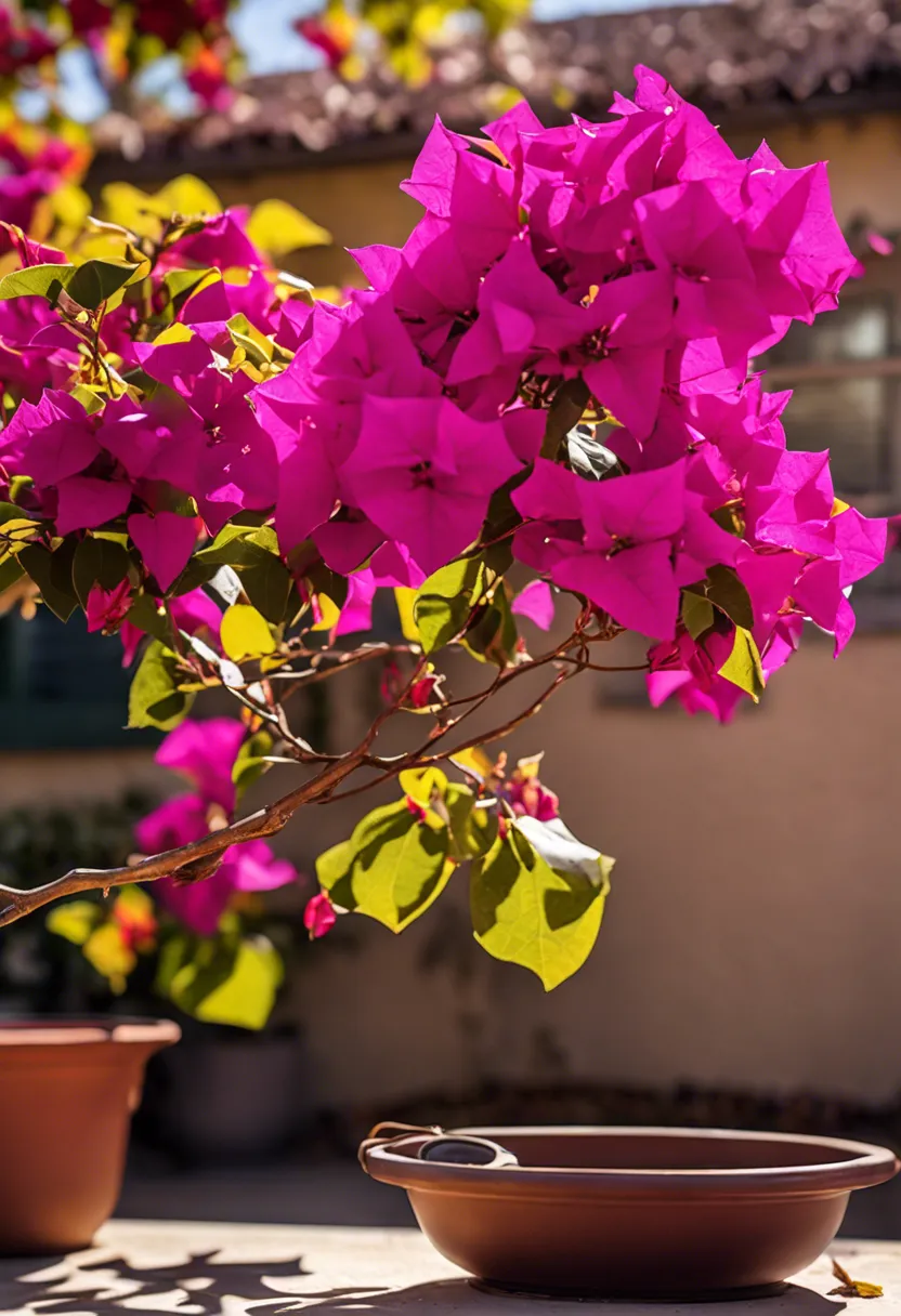 "Wilted bougainvillea plant on a sunny patio, with fallen leaves, a magnifying glass and care guidebook nearby."