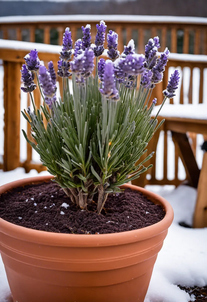 "A healthy lavender plant in a terracotta pot on a wooden table, surrounded by winter protection materials, set against a snowy backdrop."