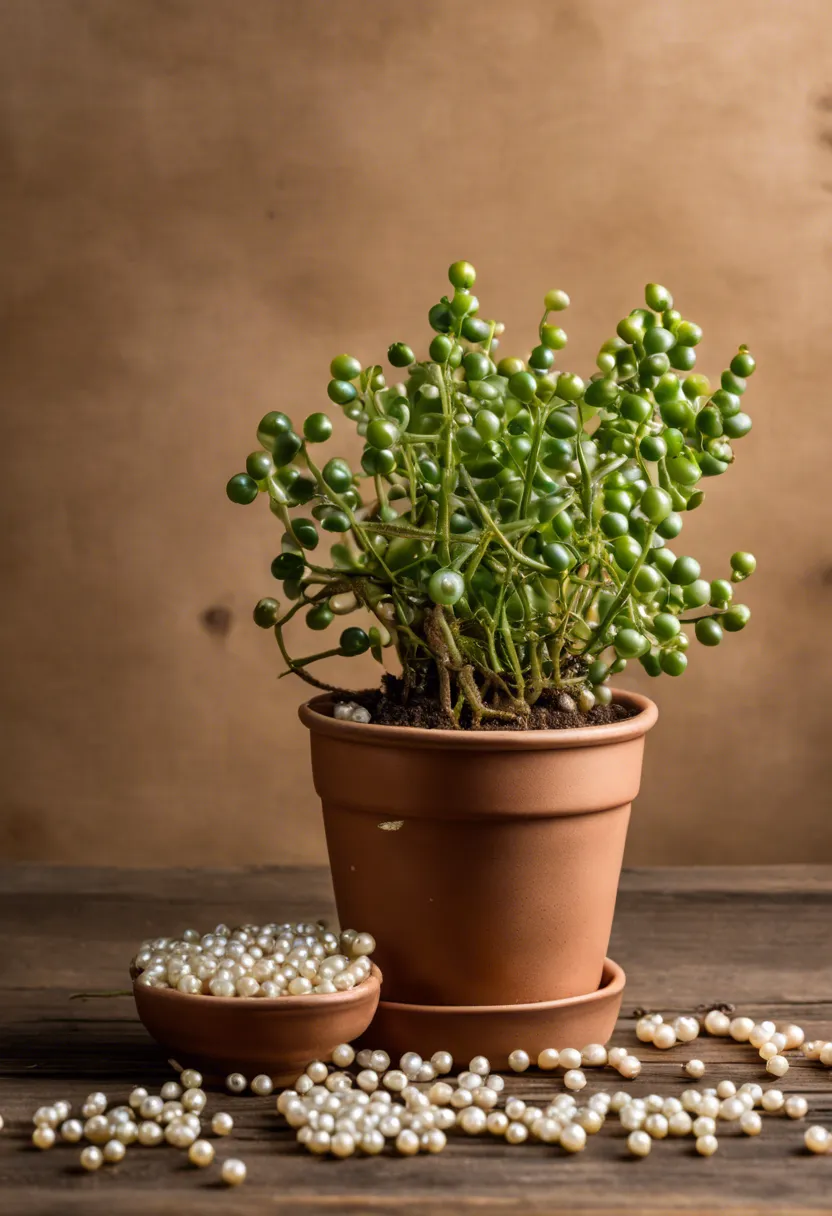 "Distressed String of Pearls plant in a ceramic pot on a wooden table, with plant care tools nearby, highlighting the need for revival."