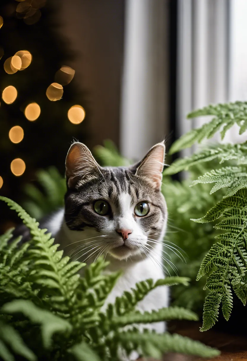 "A curious cat cautiously sniffing a frosty fern plant with white-tipped leaves in a softly lit indoor setting."
