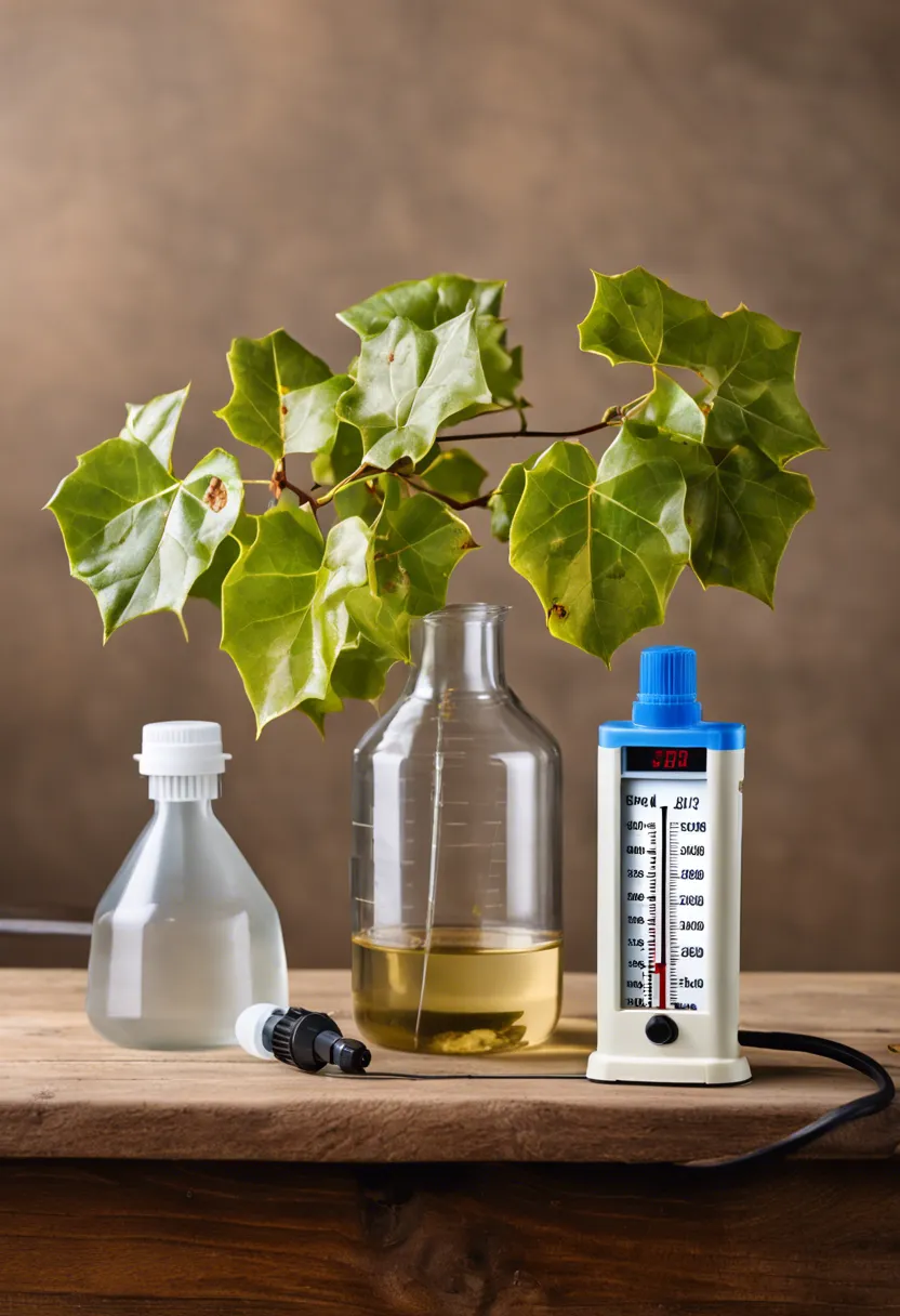"A wilting ivy plant with yellow leaves and weak stems on a table, next to a pH meter, fertilizer, and water jug."